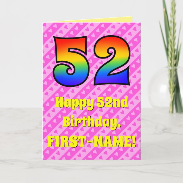 Tarjeta 52º cumpleaños: Rayas y corazones rosados, arcoiri (Anverso)