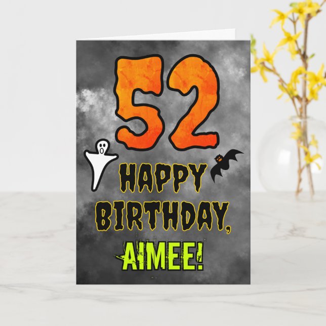 Tarjeta 52º cumpleaños: Tema de Eerie Halloween + nombre p (flor amarilla)