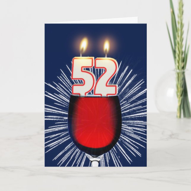 Tarjeta 52.º cumpleaños con vino y velas (Anverso)