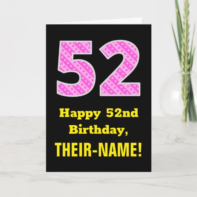 Tarjeta 52.º cumpleaños: Corazones y franjas rosadas "52"  (Anverso)