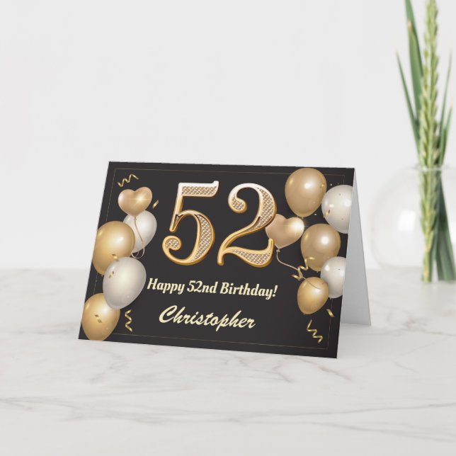 Tarjeta 52.º cumpleaños Globos de Oro y Negro (Anverso)