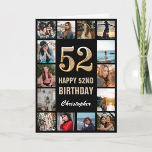 Tarjeta 52.º feliz cumpleaños Collage de fotos negro y oro