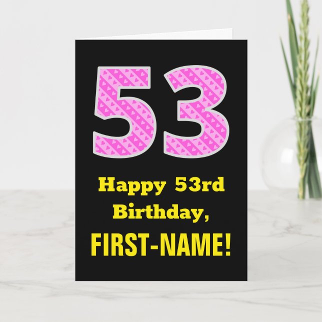 Tarjeta 53.ª Cumpleaños: Corazones y franjas rosadas "53"  (Anverso)