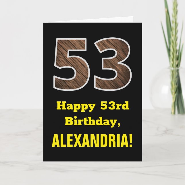 Tarjeta 53.º Cumpleaños: Nombre, Modelo Faux Wood Grain "5 (Anverso)