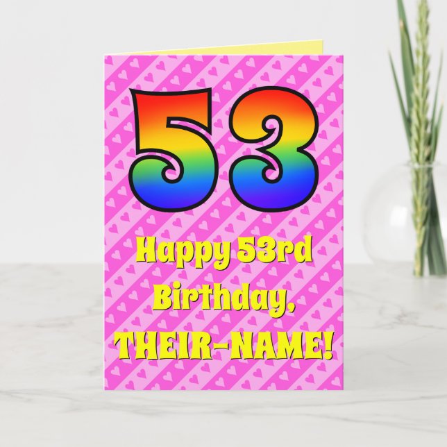 Tarjeta 53.º cumpleaños: Rayas y corazones rosas, arcoiris (Anverso)