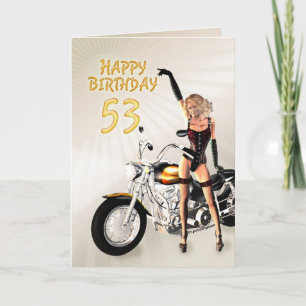Tarjeta 53° cumpleaños con chica de moto
