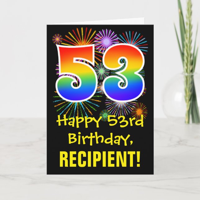 Tarjeta 53 Cumpleaños: Patrón Divertido de Fuegos Artifici (Anverso)