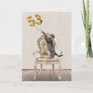 Tarjeta 53 globos de cumpleaños y gato tabby