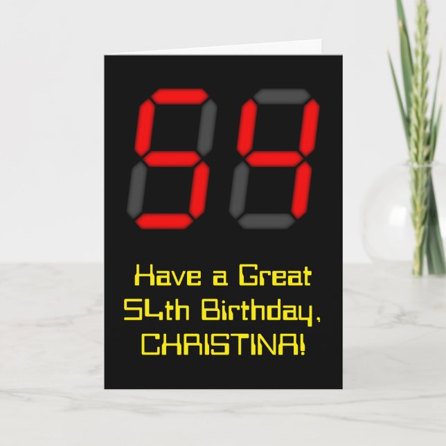 Tarjeta 54º cumpleaños: Red Digital Clock Style "54" + Nom (Anverso)