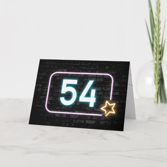 Tarjeta 54.º cumpleaños Rótulo Neón en la pared de ladrill (Anverso)