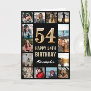 Tarjeta 54.º feliz cumpleaños Collage de fotos negro y oro