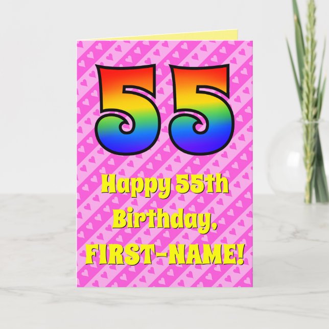 Tarjeta 55º cumpleaños: Rayas y corazones rosados, arcoiri (Anverso)