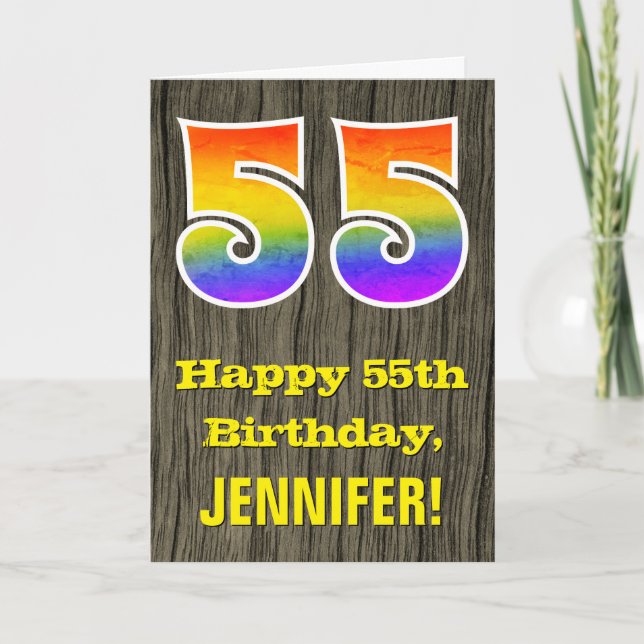 Tarjeta 55º cumpleaños: Rustic Faux Wood Look, Rainbow "55 (Anverso)