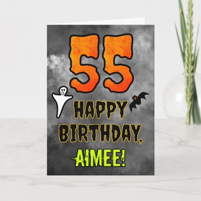 Tarjeta 55º cumpleaños: Tema de Eerie Halloween + nombre p (Anverso)