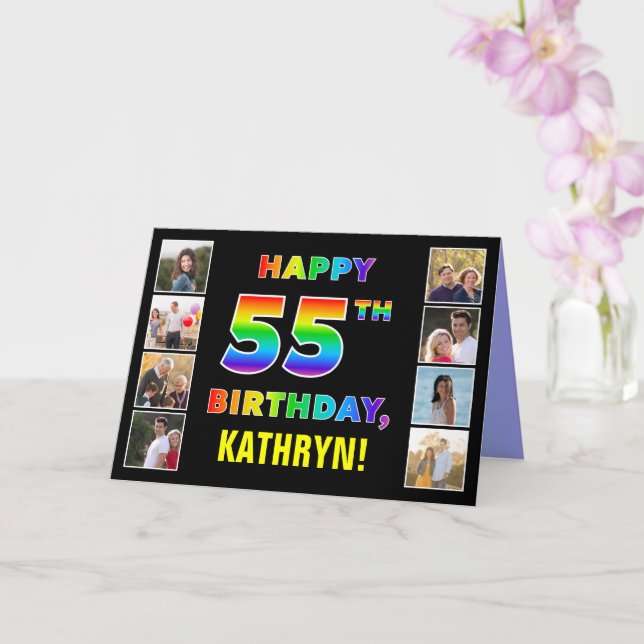 Tarjeta 55º cumpleaños: texto arcoiris, fotos y nombre de  (Orquídea)
