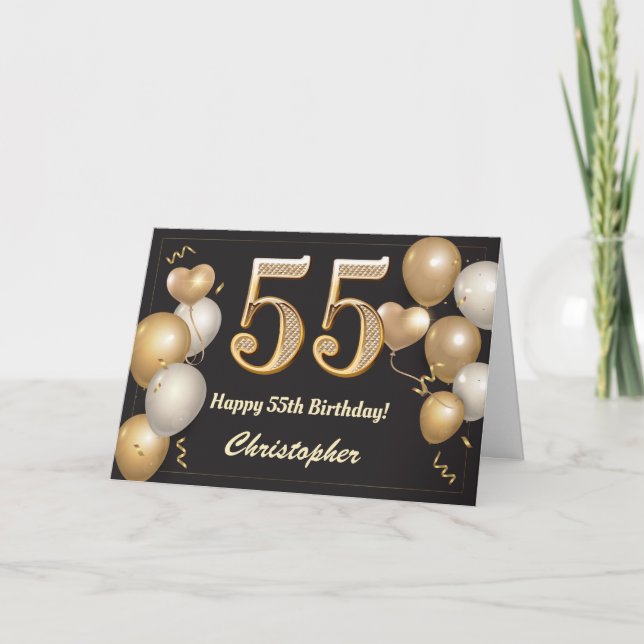 Tarjeta 55.º cumpleaños Globos de Oro y Negro (Anverso)