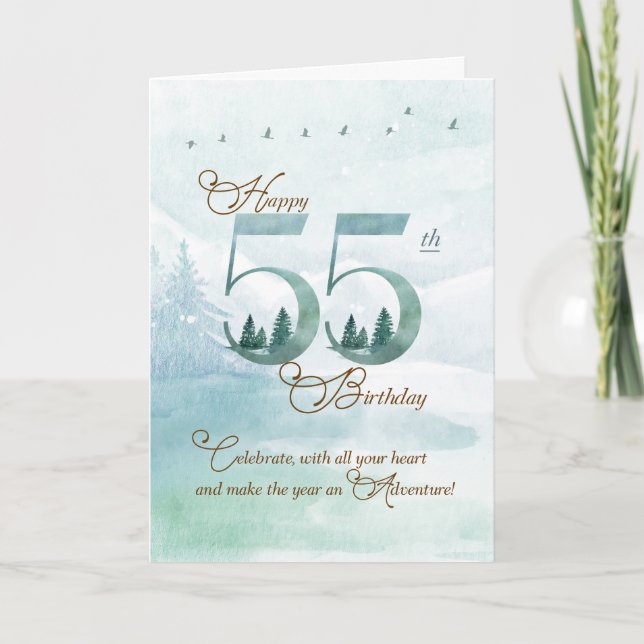 Tarjeta 55th Birthday Evergreen Pines and Deer Nature (Anverso)