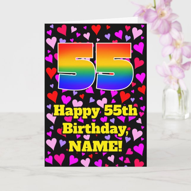 Tarjeta 55th Birthday: Loving Hearts Pattern, Rainbow # 55 (Orquídea)
