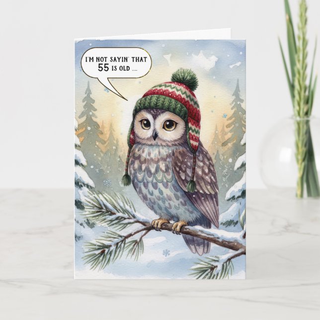 Tarjeta 55th Birthday Watercolor Owl In Winter Hat (Anverso)