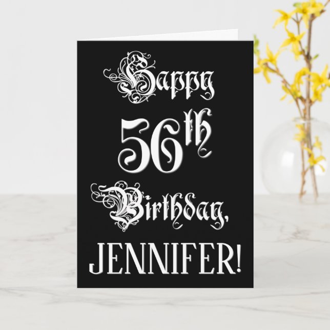 Tarjeta 56º cumpleaños: Elegante guión + nombre personaliz (flor amarilla)
