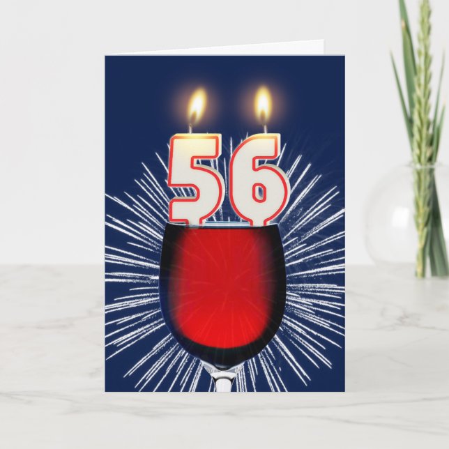 Tarjeta 56.º cumpleaños con vino y velas (Anverso)