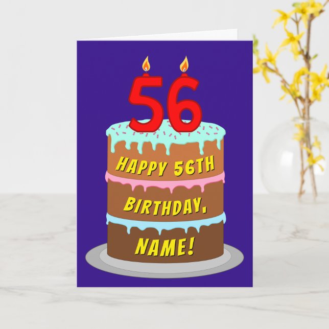 Tarjeta 56.º cumpleaños: pastel de diversión y velas + nom (flor amarilla)