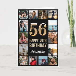 Tarjeta 56.º feliz cumpleaños Collage de fotos negro y oro
