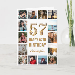 Tarjeta 57.º Collage de fotos blanco y oro feliz cumpleaño