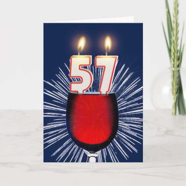 Tarjeta 57.º cumpleaños con vino y velas (Anverso)
