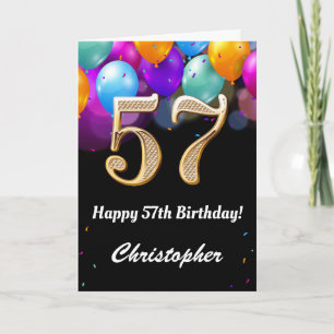 Tarjeta 57.º cumpleaños Globos de color negro y oro