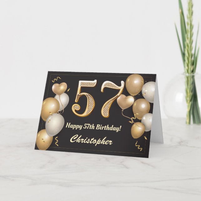 Tarjeta 57.º cumpleaños Globos de Oro y Negro (Anverso)