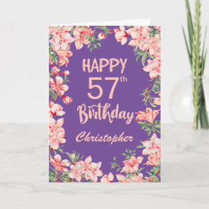 Tarjeta 57.º cumpleaños Morado Peach Peach Watercolor Flor