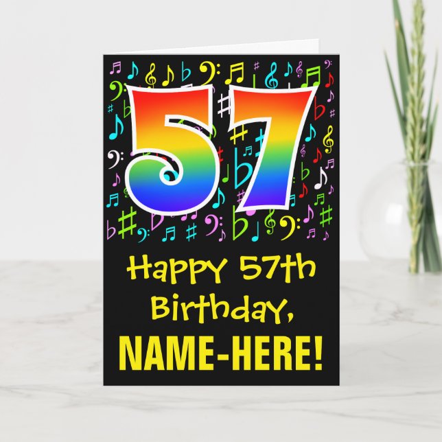 Tarjeta 57.º cumpleaños: Símbolos musicales coloridos + ar (Anverso)