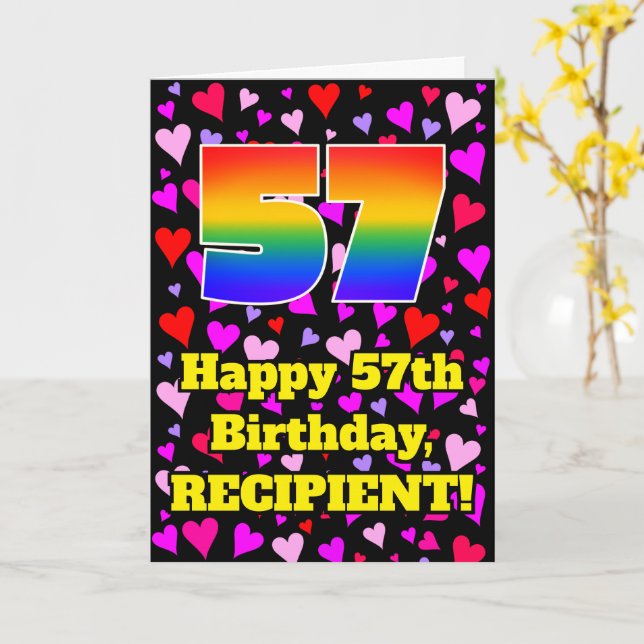 Tarjeta 57th Birthday: Loving Hearts Pattern, Rainbow # 57 (flor amarilla)