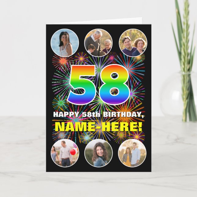 Tarjeta 58º cumpleaños: Arcoiris divertido #, nombre perso (Anverso)