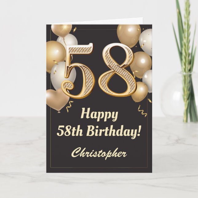 Tarjeta 58.º Confetti de Globos de Oro y Negro (Anverso)