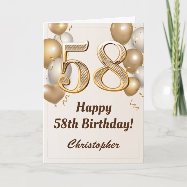 Tarjeta 58.º cumpleaños Globos de oro y cumpleaños de Conf (Anverso)