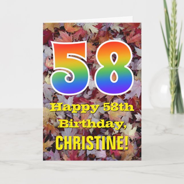 Tarjeta 58° cumpleaños; hojas de otoño rústicas; arco iris (Anverso)
