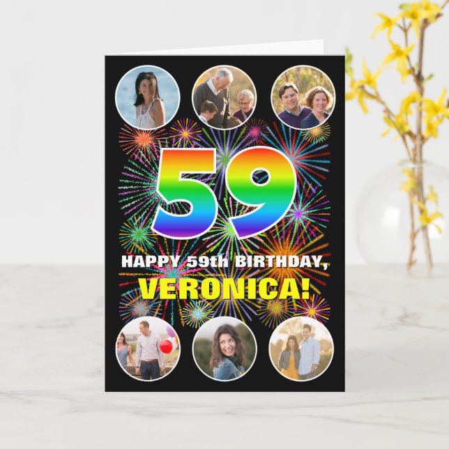 Tarjeta 59º cumpleaños: Divertido arcoiris #, nombre perso (flor amarilla)