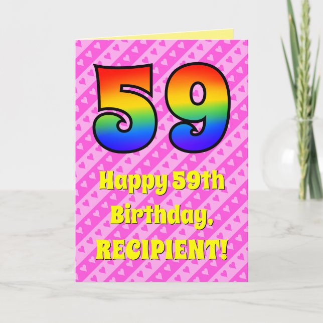 Tarjeta 59º cumpleaños: Rayas y corazones rosados, arcoiri (Anverso)