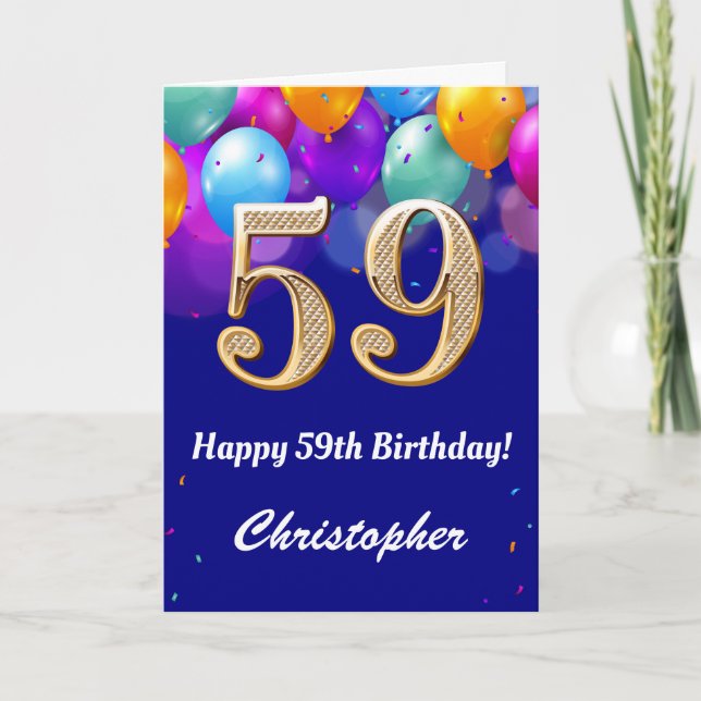 Tarjeta 59.º Balón azul y dorado de la marina de cumpleaño (Anverso)
