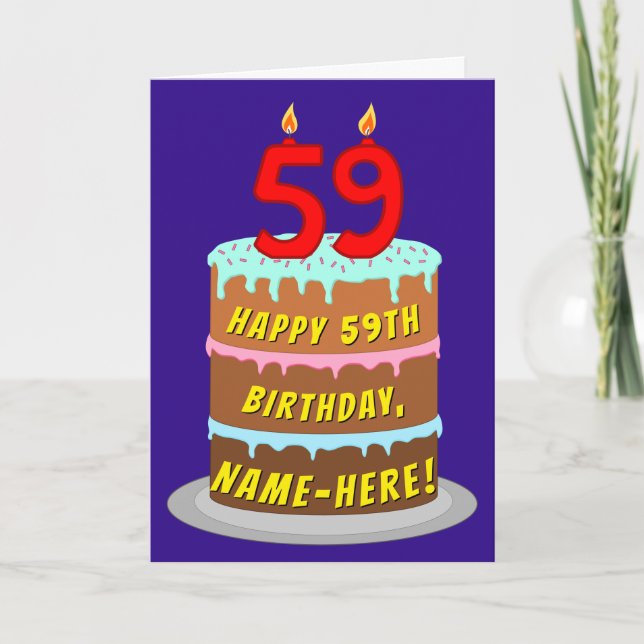 Tarjeta 59.º cumpleaños: pastel de diversión y velas + nom (Anverso)