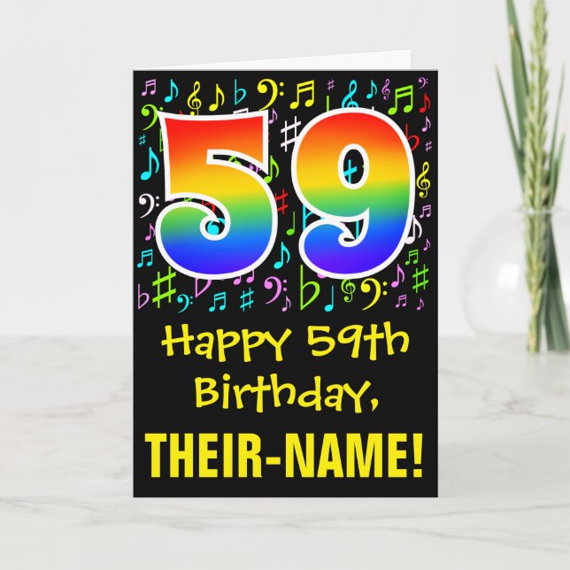Tarjeta 59.º cumpleaños: Símbolos musicales coloridos + ar (Anverso)