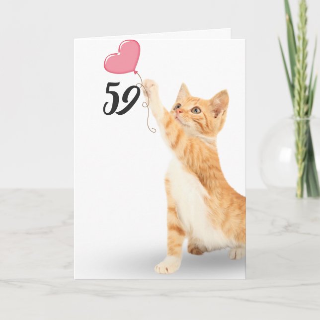 Tarjeta 59.º gatito de tabby de cumpleaños con globo de co (Anverso)
