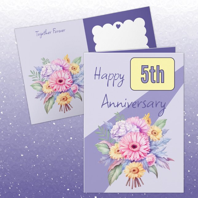 Tarjeta 5.º aniversario flores gerbera púrpura (Subido por el creador)