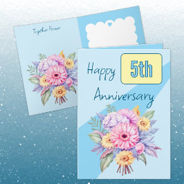 Tarjeta 5.º aniversario gerbera flores azul