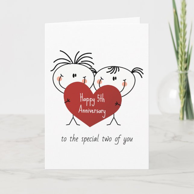 Tarjeta 5.º Aniversario Palo Figura Pareja de Corazón (Anverso)