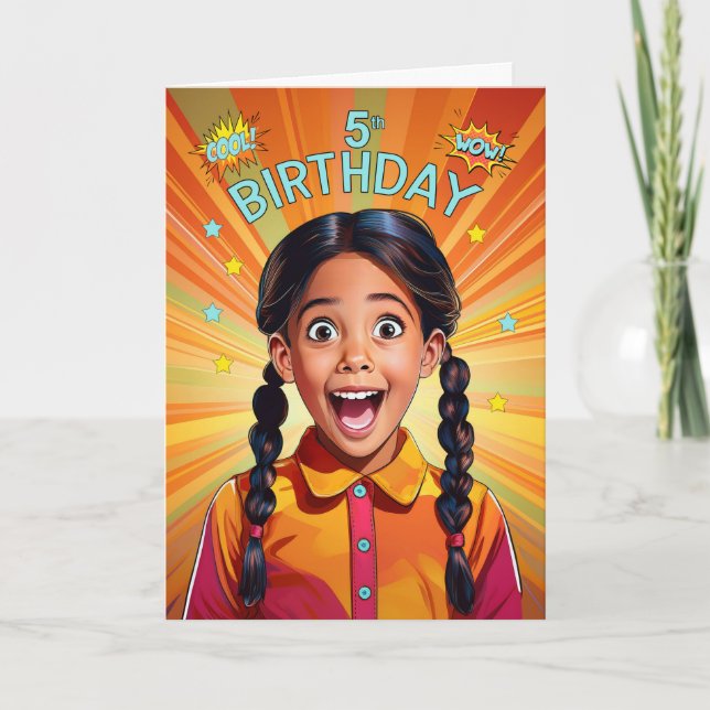 Tarjeta 5.º cumpleaños Chica latinoamericano estilo pop (Anverso)
