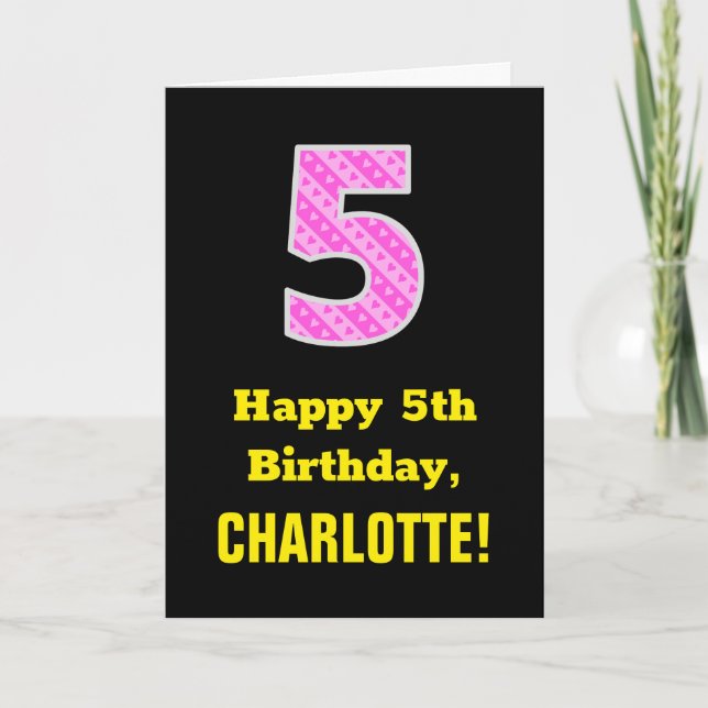 Tarjeta 5.º Cumpleaños: Corazones y franjas rosadas "5" +  (Anverso)