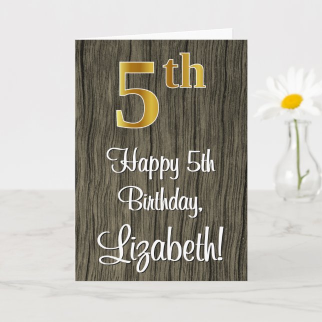 Tarjeta 5.º Cumpleaños: Elegante Faux Gold Look #, Faux Wo (Planta pequeña)